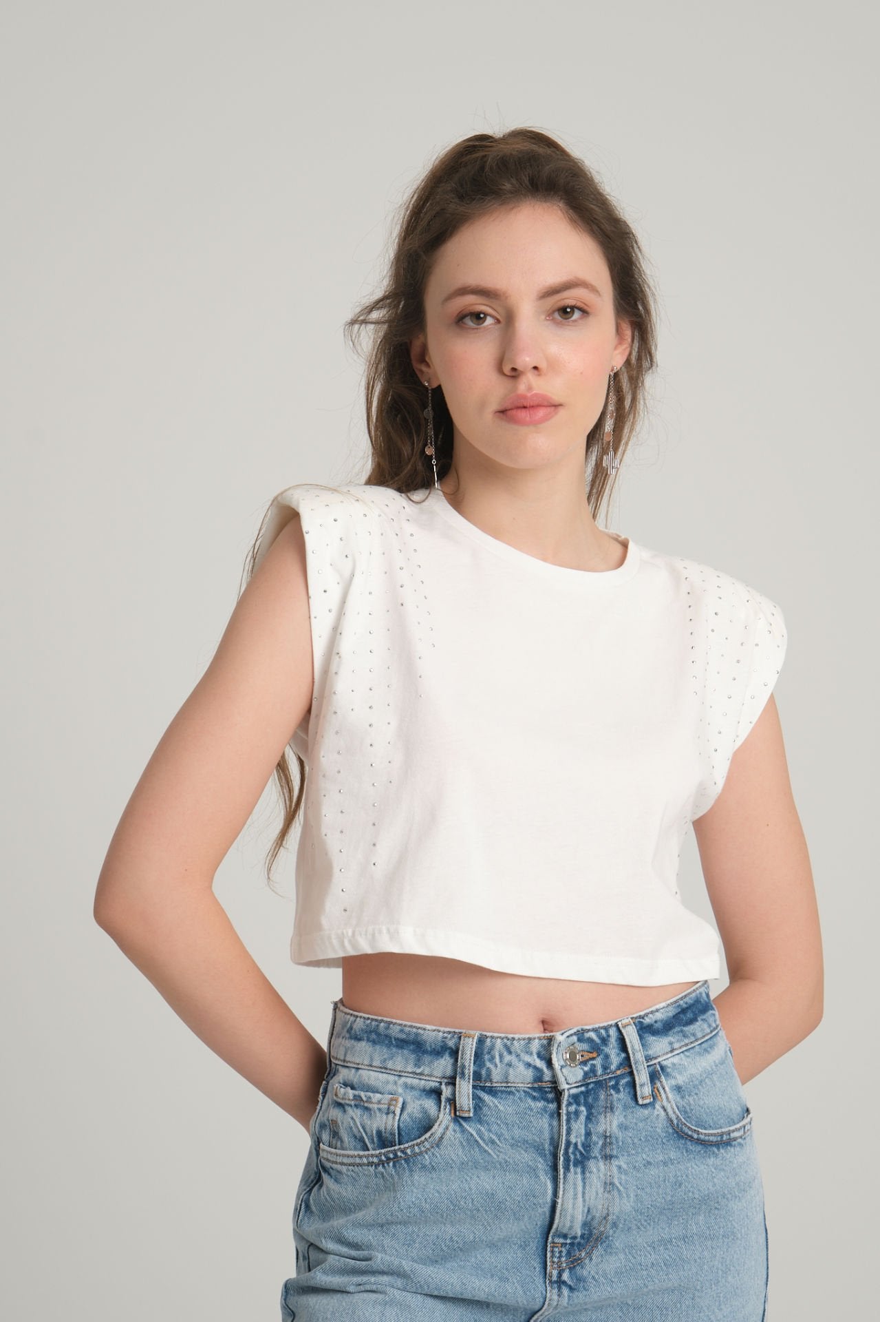 Taşlı Beyaz Crop T-Shirt