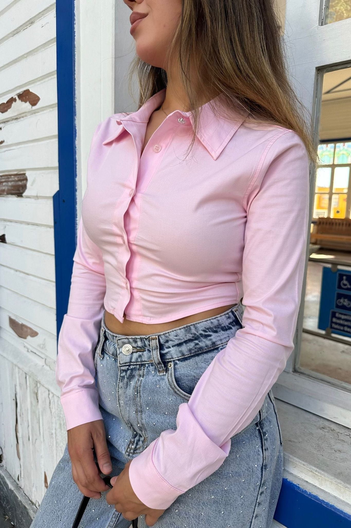 Pembe Crop Poplin Gömlek