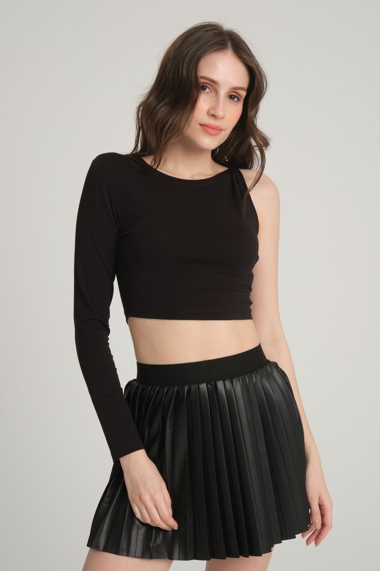 Tek Omuz Siyah  Crop Top