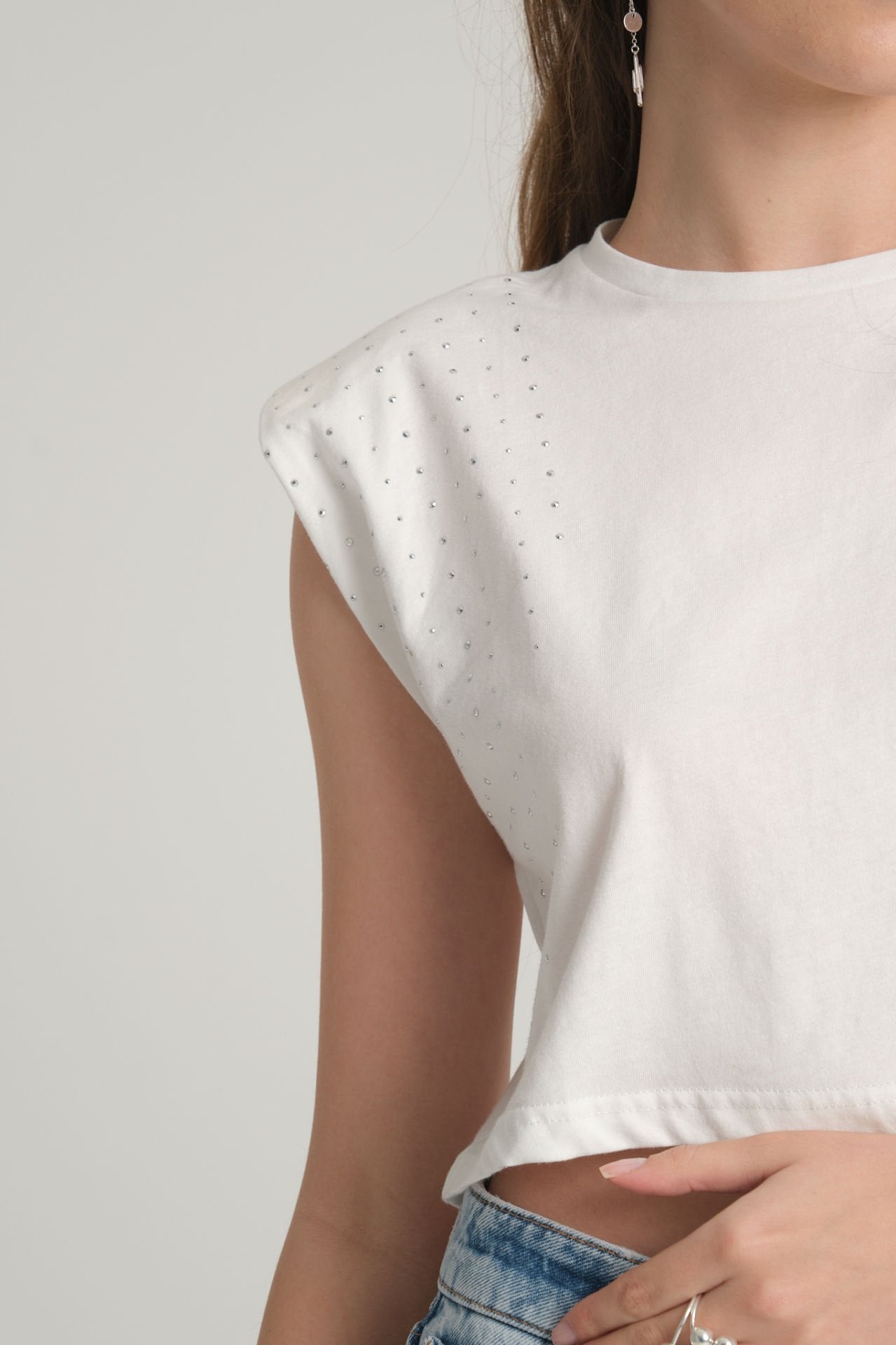 Taşlı Beyaz Crop T-Shirt