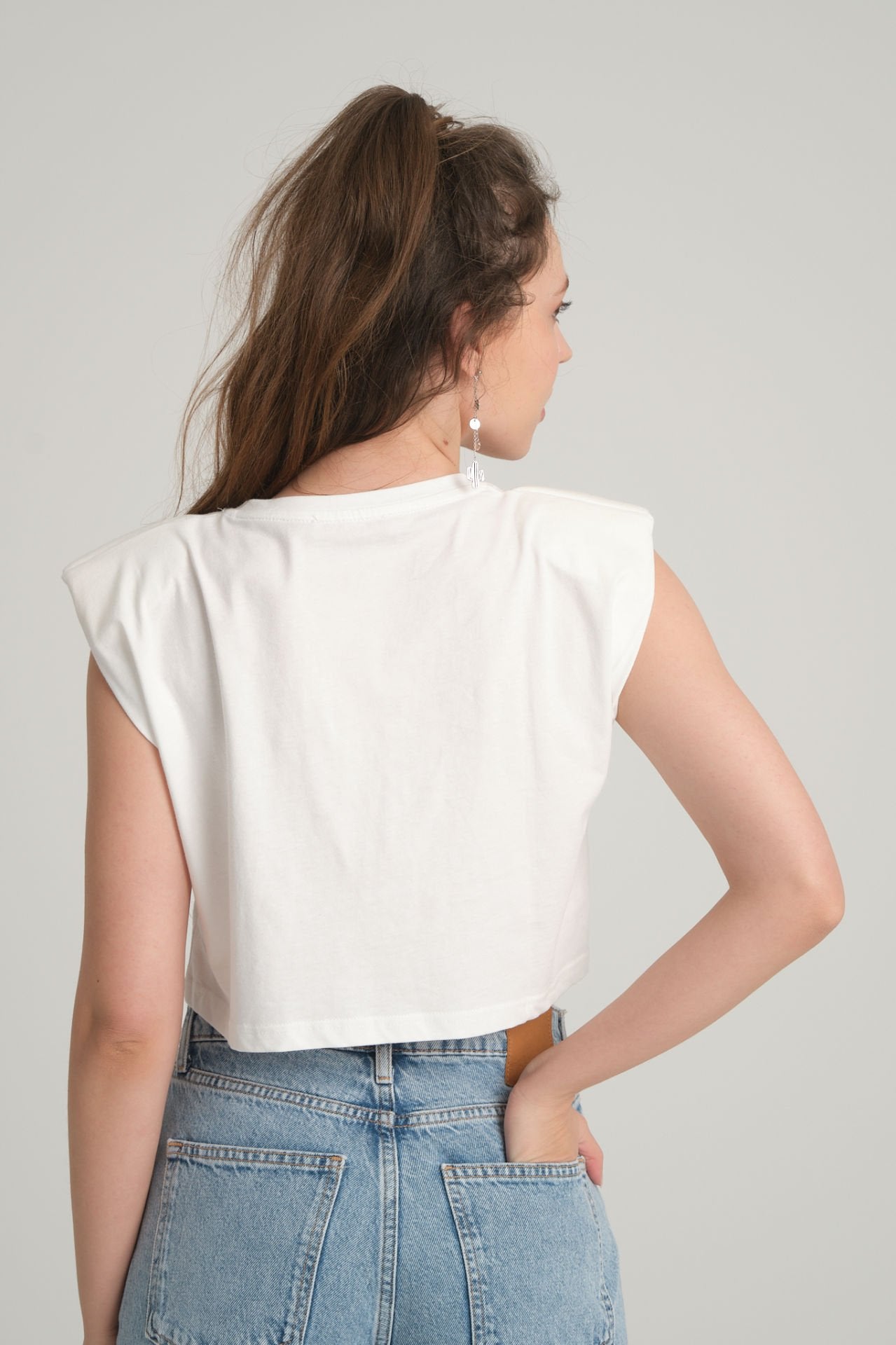 Taşlı Beyaz Crop T-Shirt