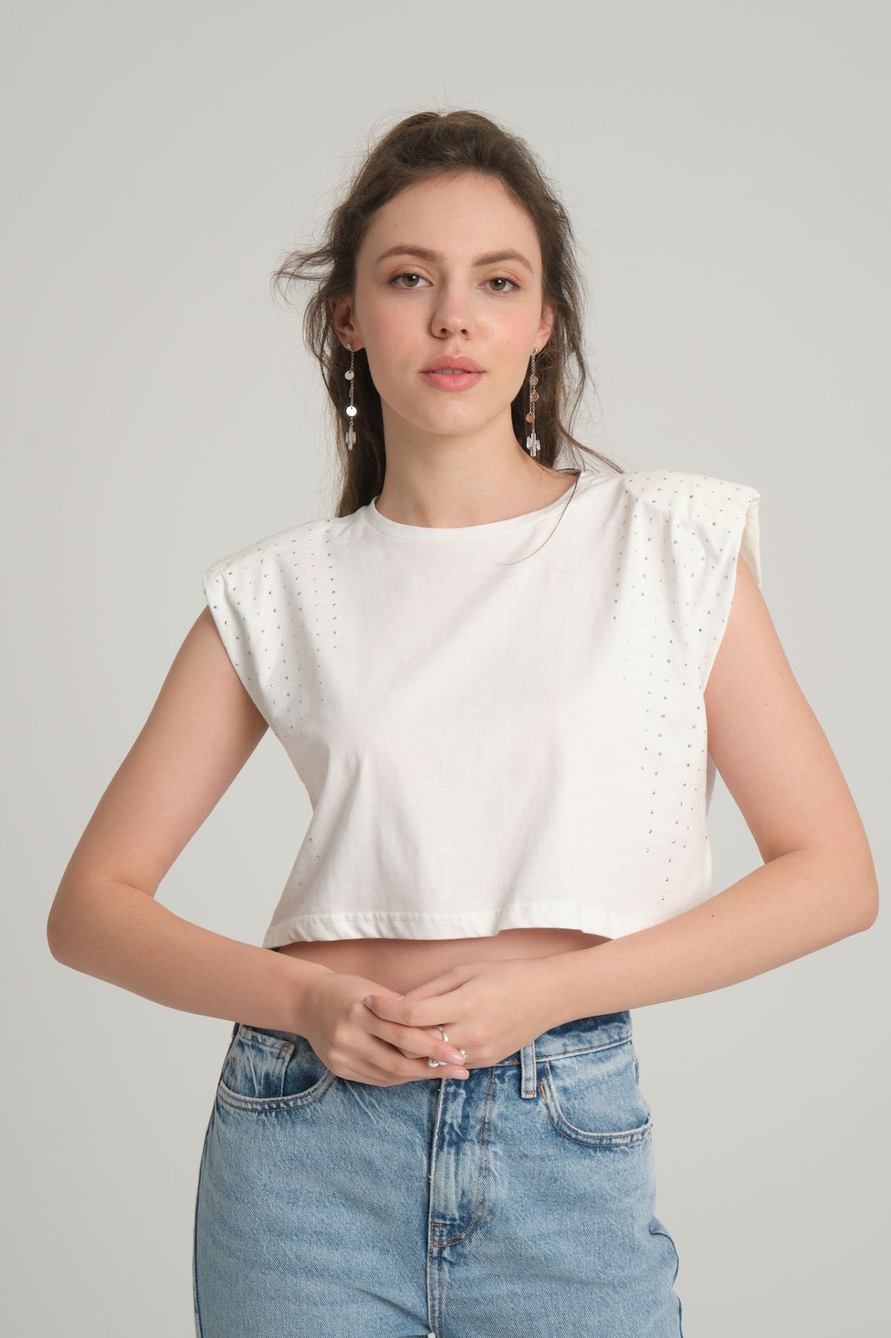 Taşlı Beyaz Crop T-Shirt