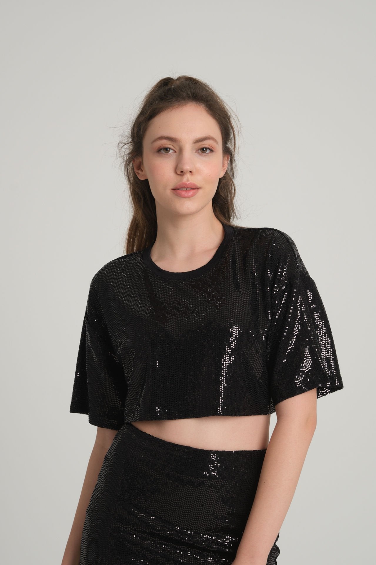 Siyah Pul Payet Crop Top