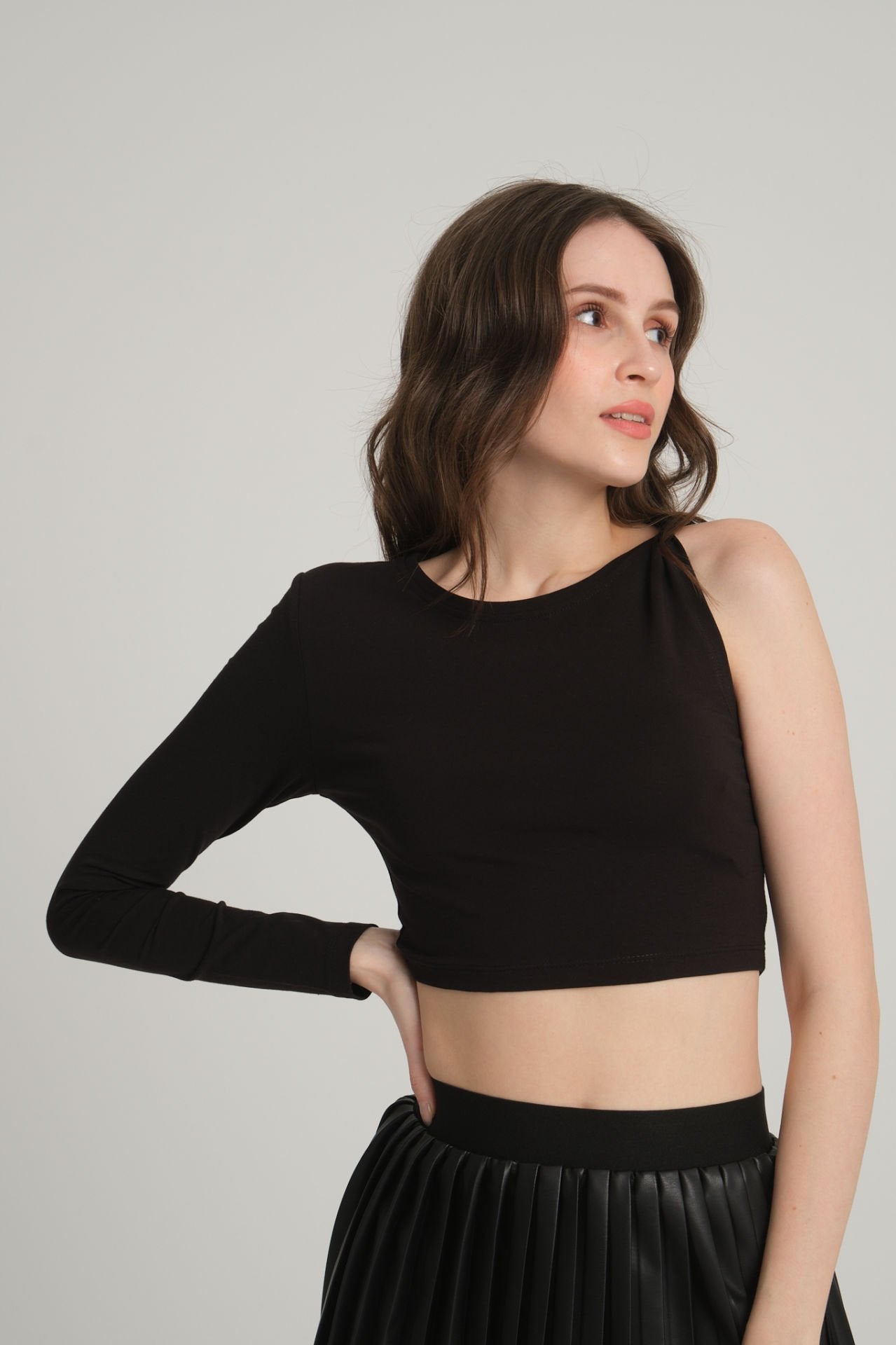 Tek Omuz Siyah  Crop Top