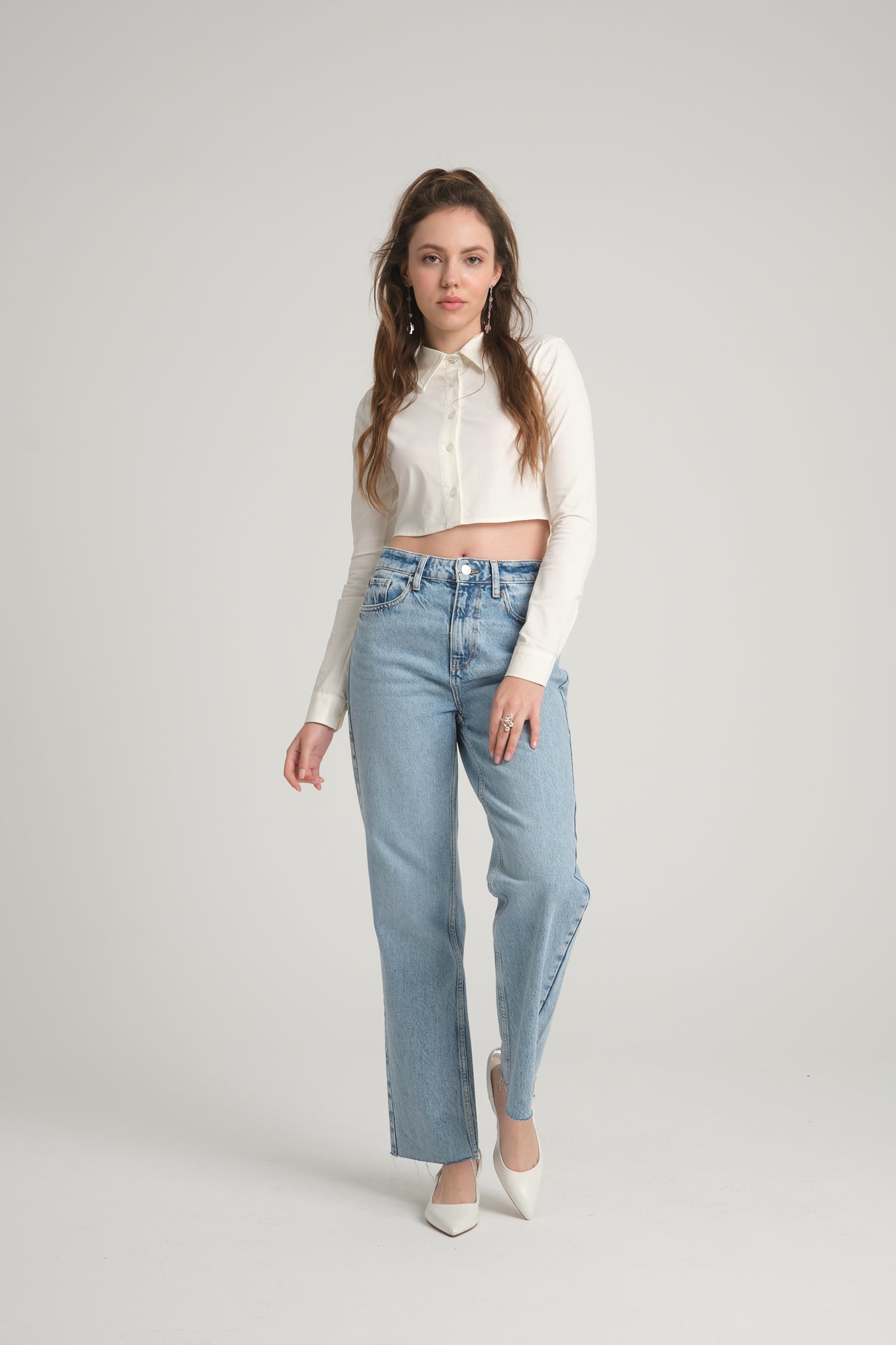 Ekru Crop Poplin Gömlek