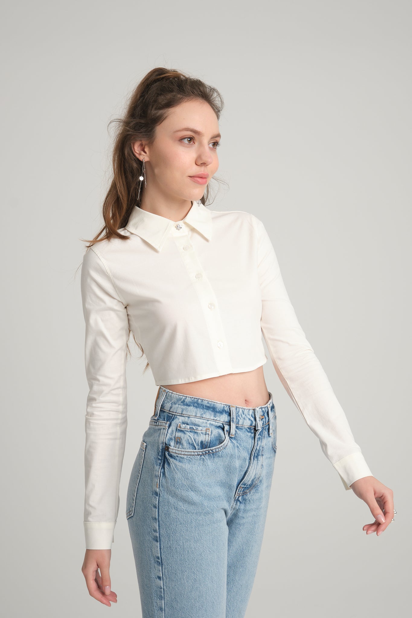 Ekru Crop Poplin Gömlek