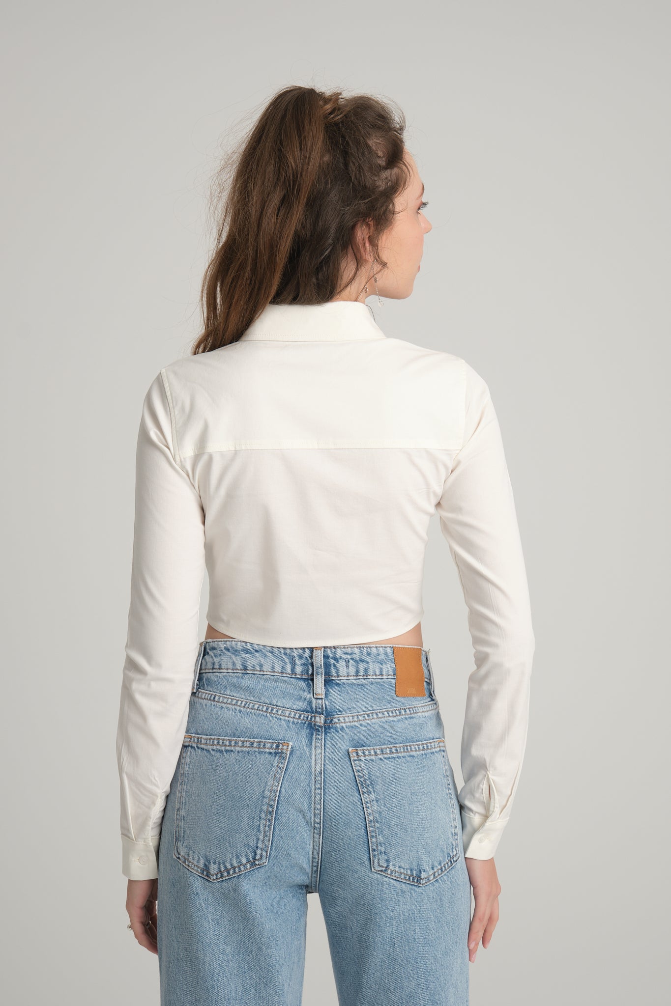 Ekru Crop Poplin Gömlek