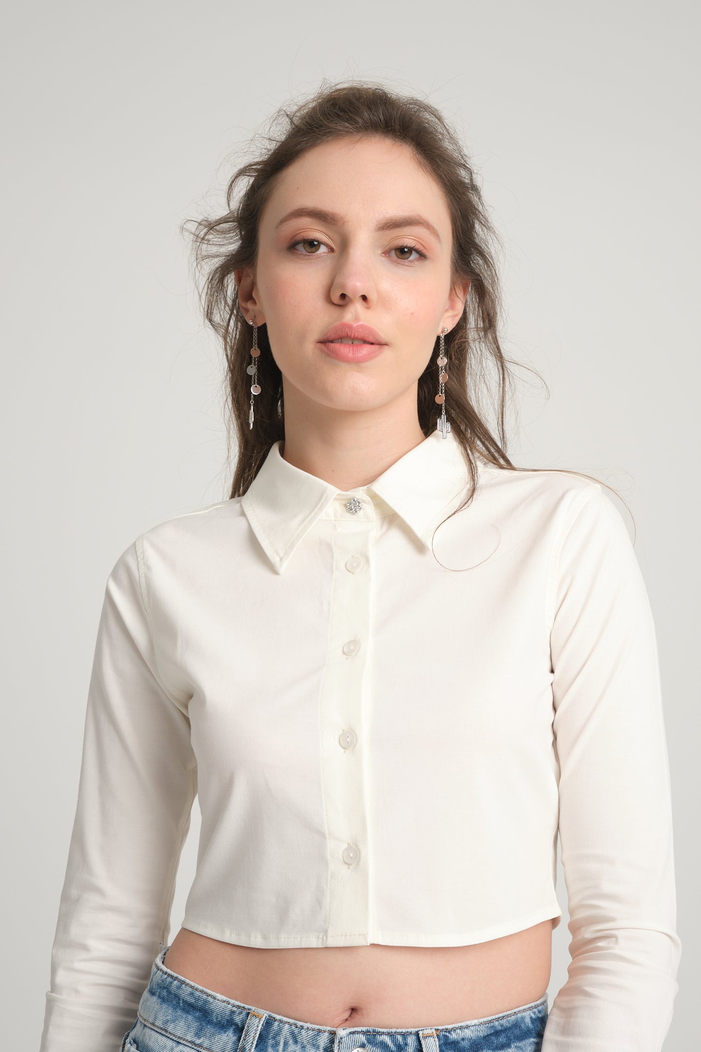 Ekru Crop Poplin Gömlek