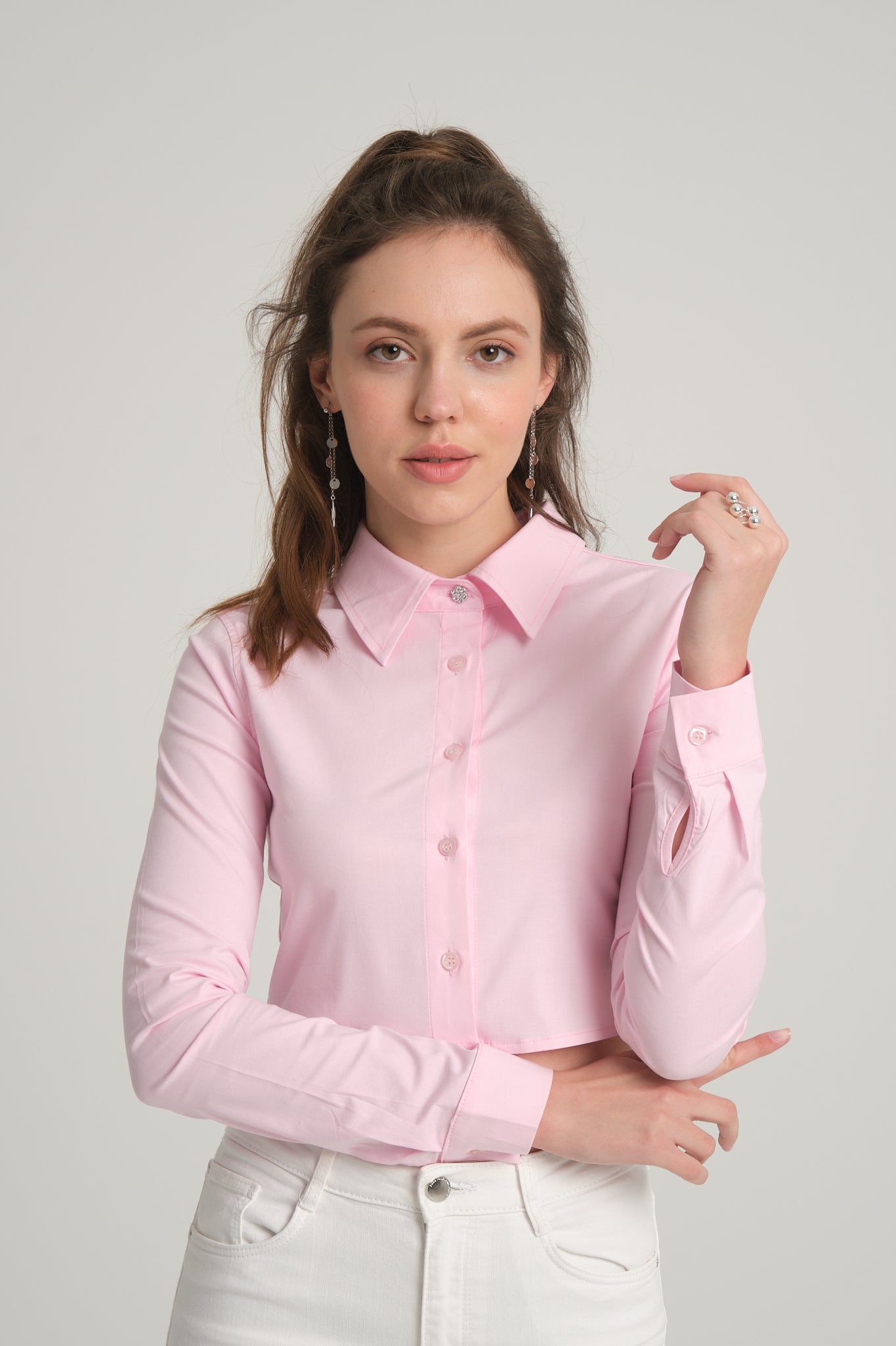 Pembe Crop Poplin Gömlek