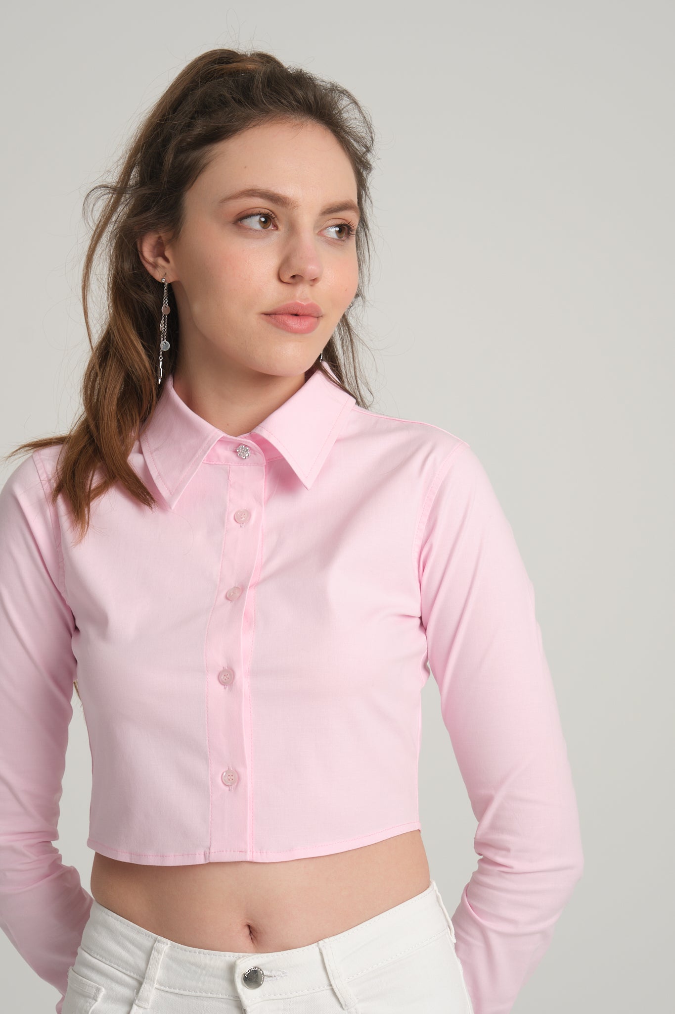 Pembe Crop Poplin Gömlek